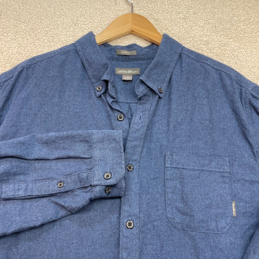 Eddie Bauer Button Down Mens 2XL Blue Herringbone Classic Fit Cotton Shirt